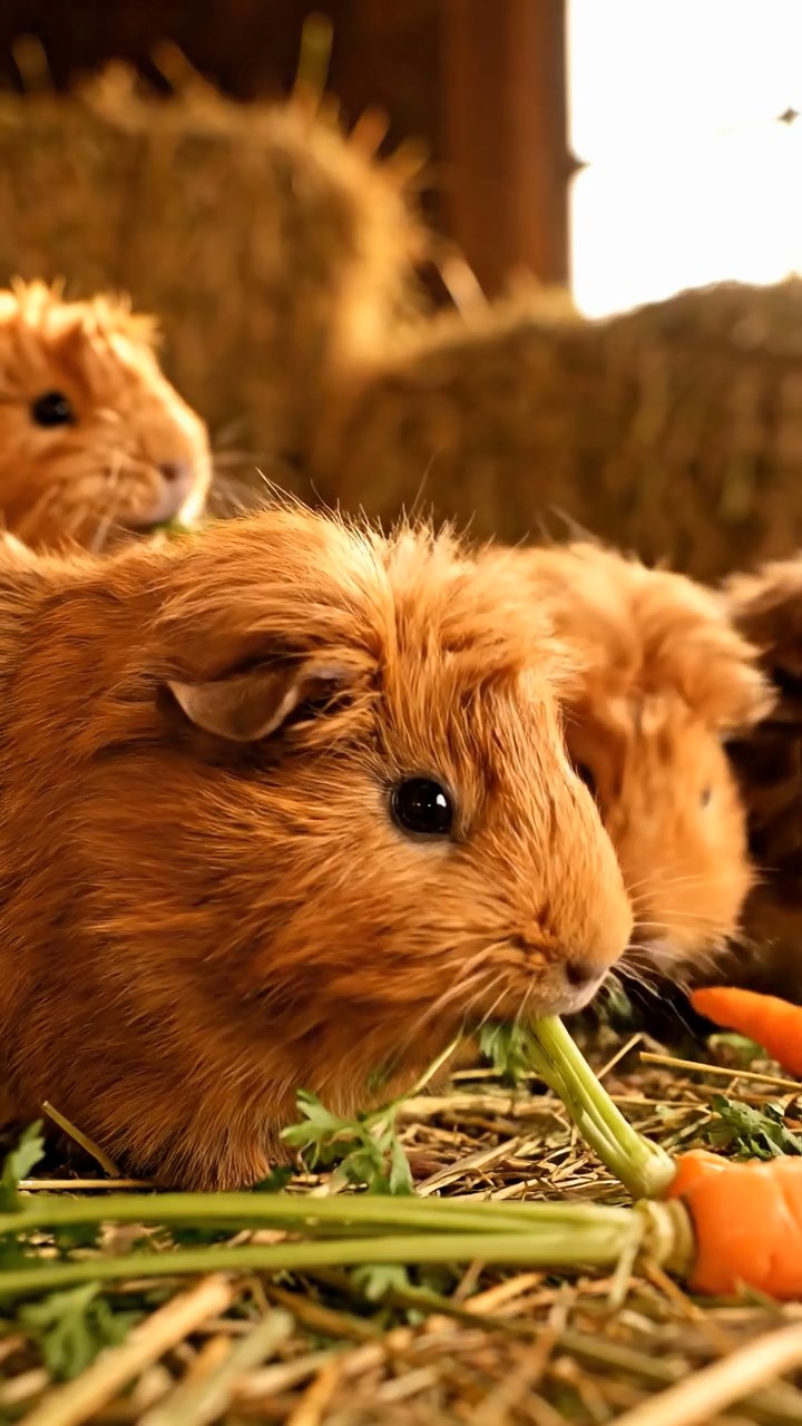 1364. Realistic depiction of 3 smooth-haired Silkie guinea pigs with sable, white, and orange fur, eating timothy hay strands, in a mind-bending illusion gallery with tricks.