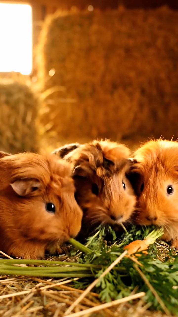 1364. Realistic depiction of 3 smooth-haired Silkie guinea pigs with sable, white, and orange fur, eating timothy hay strands, in a mind-bending illusion gallery with tricks.