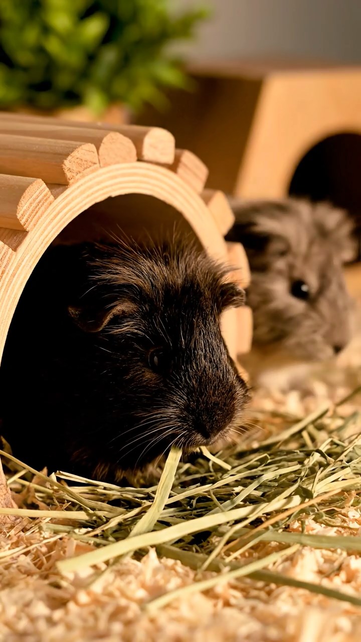 1366. Photorealistic scene of 4 smooth-haired Texel guinea pigs featuring black, brown, and cream coats, chewing on celery bunches, inside a enchanted winter wardrobe realm.