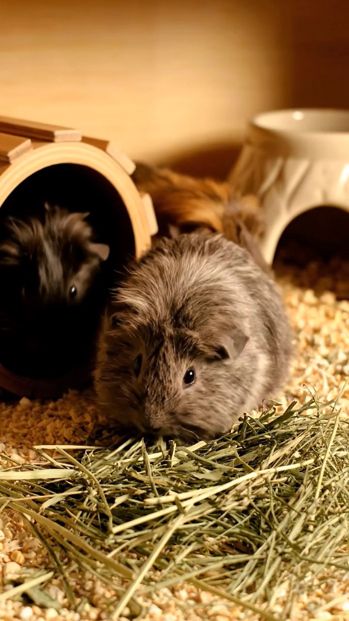 1366. Photorealistic scene of 4 smooth-haired Texel guinea pigs featuring black, brown, and cream coats, chewing on celery bunches, inside a enchanted winter wardrobe realm.