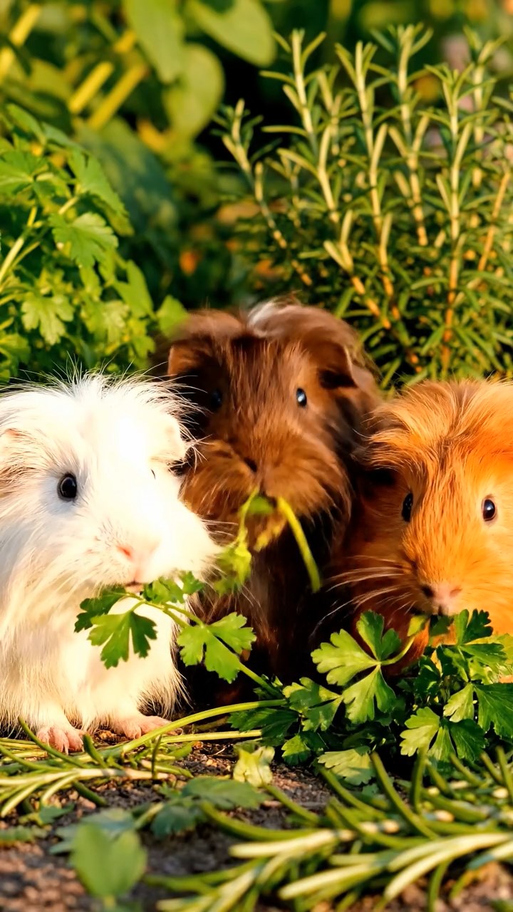 1367. Realistic photo of 2 smooth-haired Rex guinea pigs with fawn and chocolate fur, sharing zucchini spirals, by a African oasis pond with wildlife gathering.