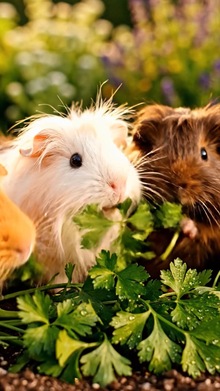 1367. Realistic photo of 2 smooth-haired Rex guinea pigs with fawn and chocolate fur, sharing zucchini spirals, by a African oasis pond with wildlife gathering.