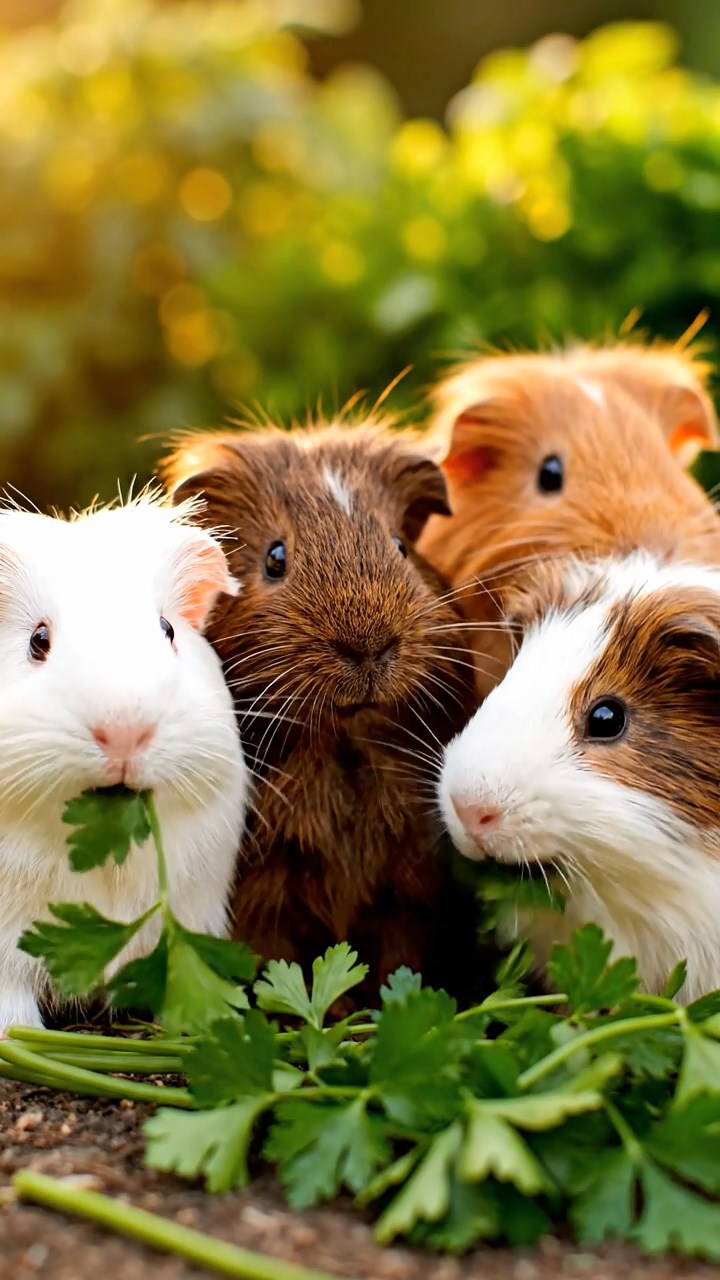 1367. Realistic photo of 2 smooth-haired Rex guinea pigs with fawn and chocolate fur, sharing zucchini spirals, by a African oasis pond with wildlife gathering.