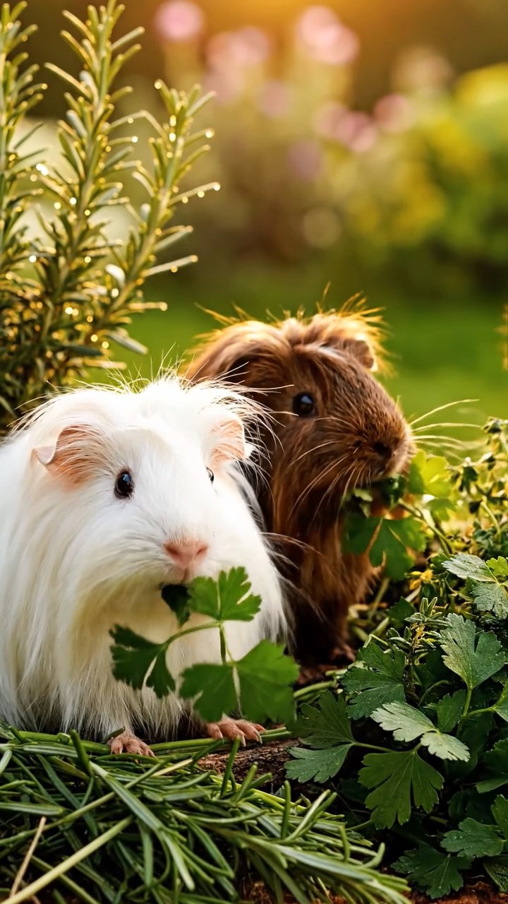1367. Realistic photo of 2 smooth-haired Rex guinea pigs with fawn and chocolate fur, sharing zucchini spirals, by a African oasis pond with wildlife gathering.