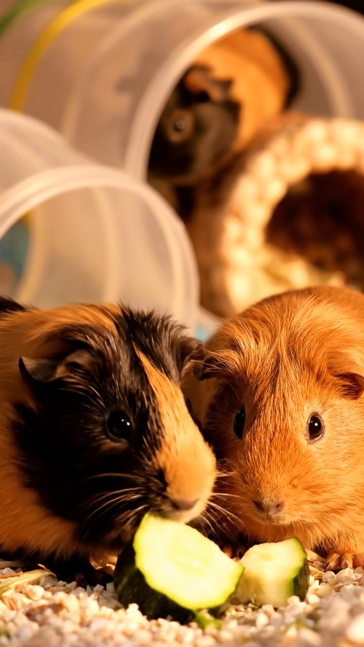 1368. Highly detailed view of 3 smooth-haired Coronet guinea pigs in cinnamon, sable, and white colors, munching on pineapple rings, inside a airborne vehicle cockpit over clouds.