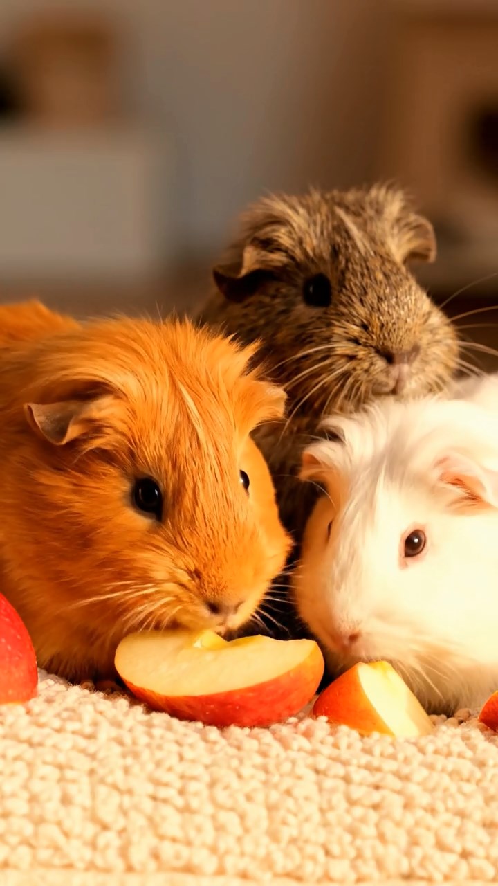 1369. Photorealistic image of 5 smooth-haired White Crested guinea pigs with orange, gray, and black fur, eating alfalfa leaves, on a lost Incan city stone platform.