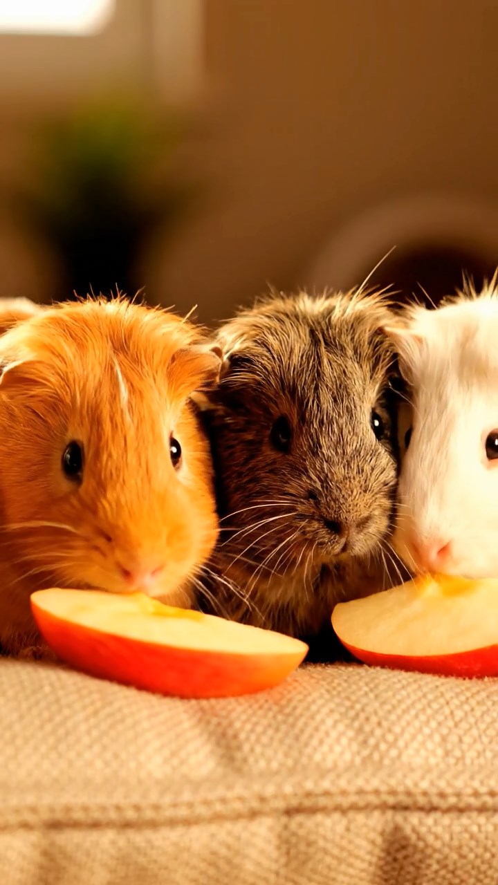 1369. Photorealistic image of 5 smooth-haired White Crested guinea pigs with orange, gray, and black fur, eating alfalfa leaves, on a lost Incan city stone platform.