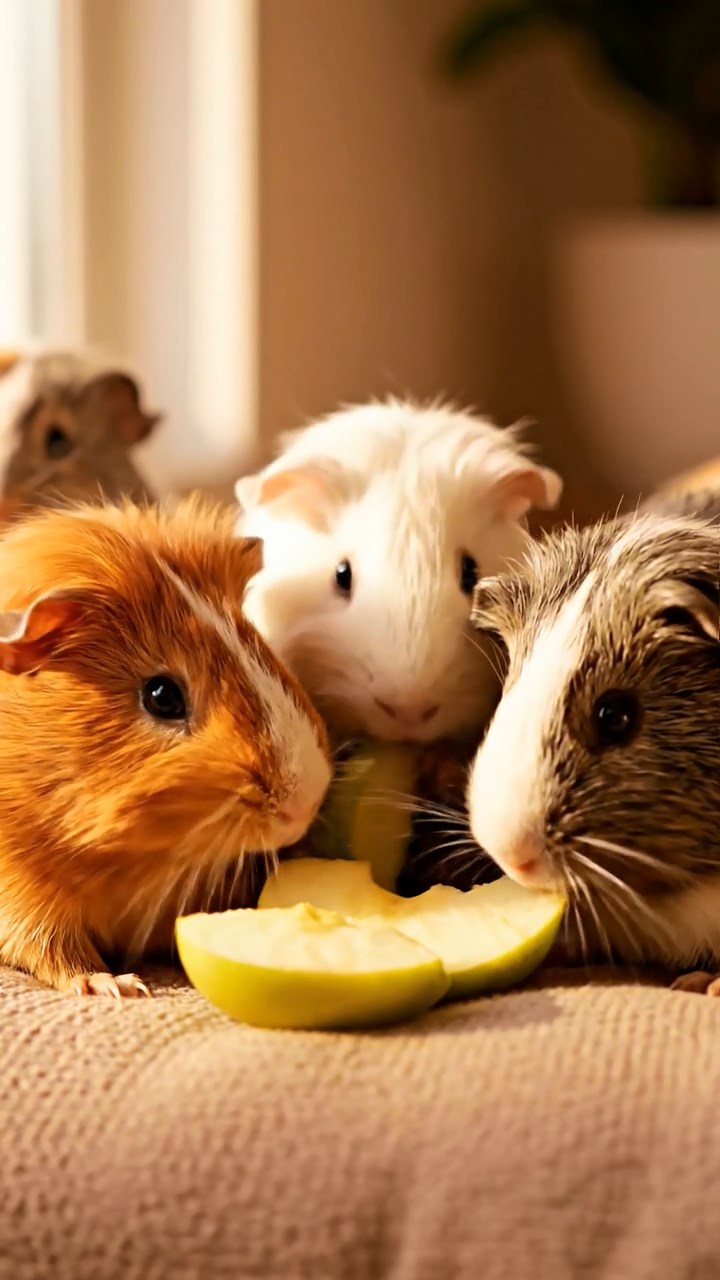 1369. Photorealistic image of 5 smooth-haired White Crested guinea pigs with orange, gray, and black fur, eating alfalfa leaves, on a lost Incan city stone platform.