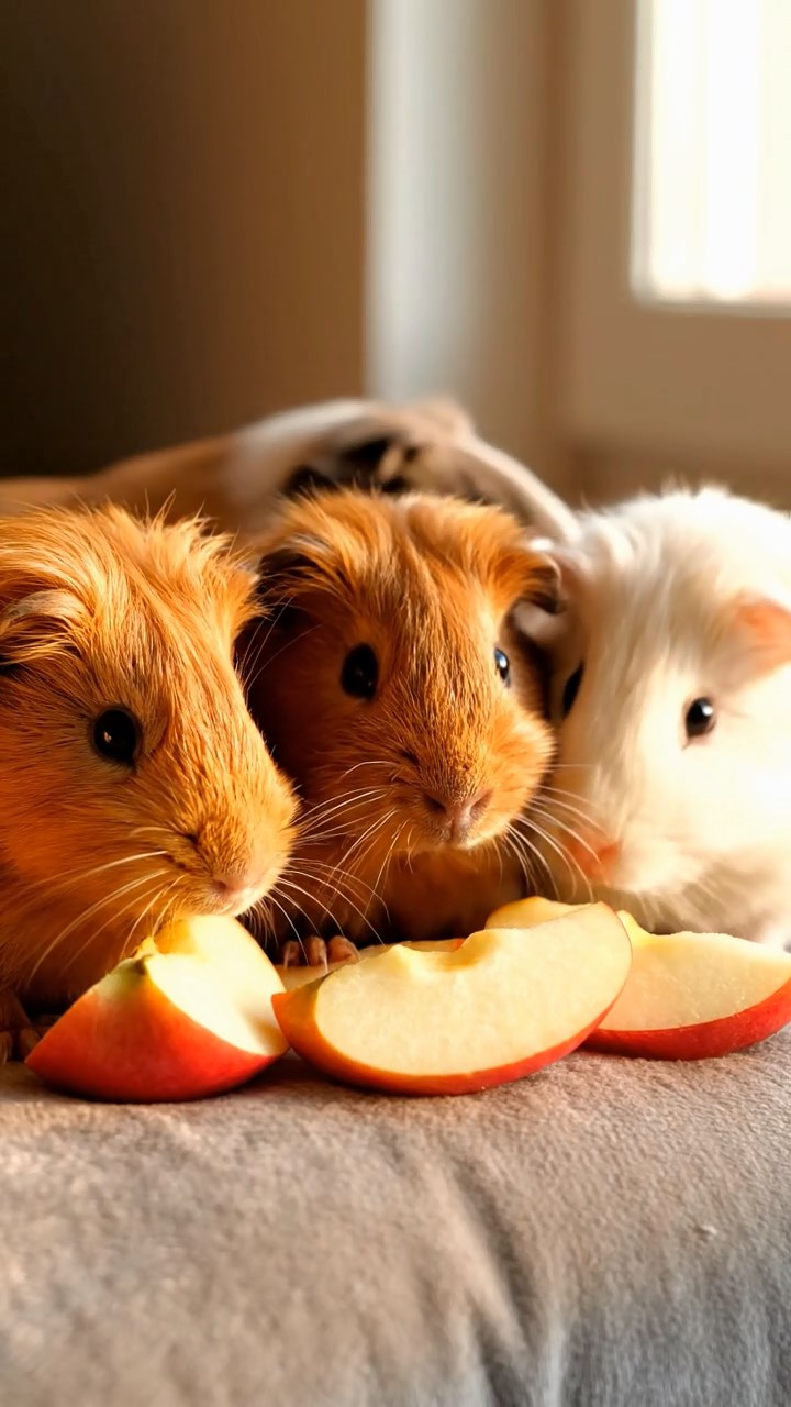 1369. Photorealistic image of 5 smooth-haired White Crested guinea pigs with orange, gray, and black fur, eating alfalfa leaves, on a lost Incan city stone platform.