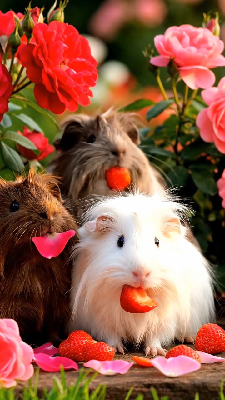 1371. Detailed scene of 4 smooth-haired American guinea pigs featuring cream, fawn, and chocolate coats, chewing on carrot peels, on a Nile cruise deck with temples passing.