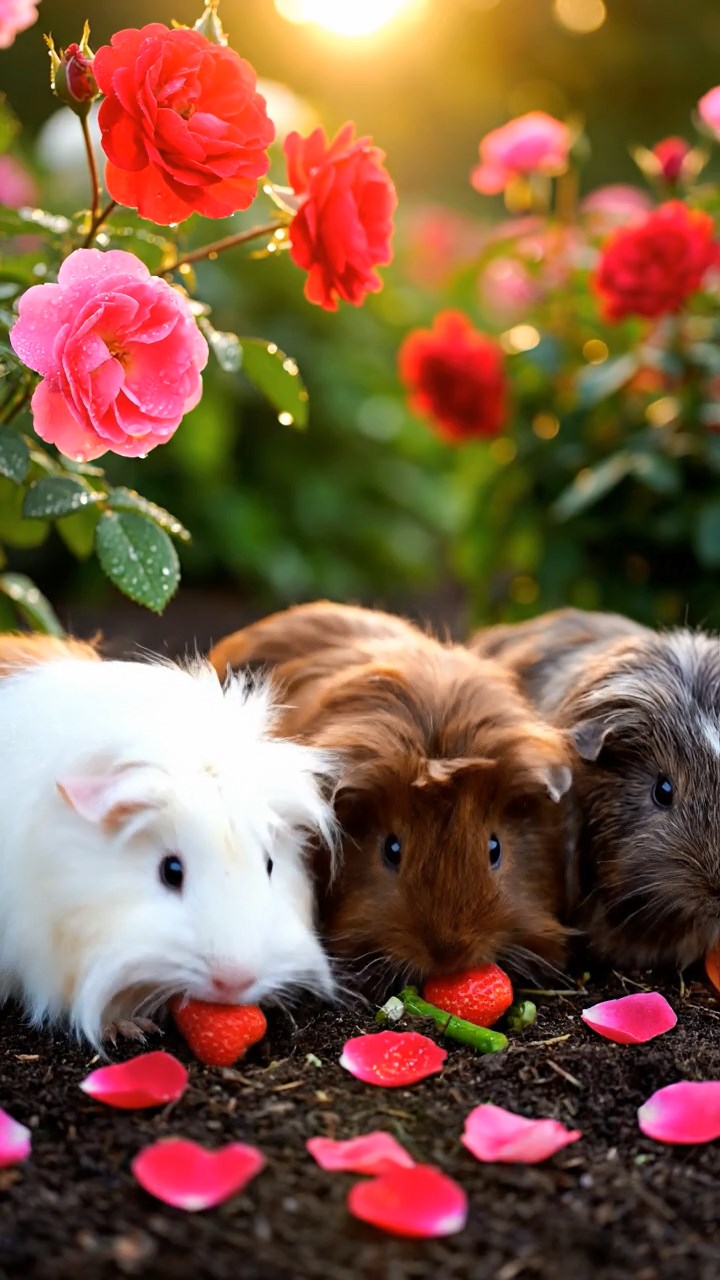 1371. Detailed scene of 4 smooth-haired American guinea pigs featuring cream, fawn, and chocolate coats, chewing on carrot peels, on a Nile cruise deck with temples passing.