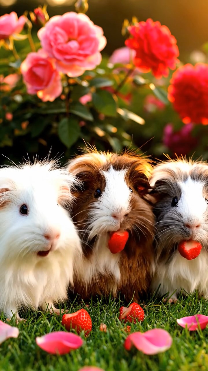 1371. Detailed scene of 4 smooth-haired American guinea pigs featuring cream, fawn, and chocolate coats, chewing on carrot peels, on a Nile cruise deck with temples passing.