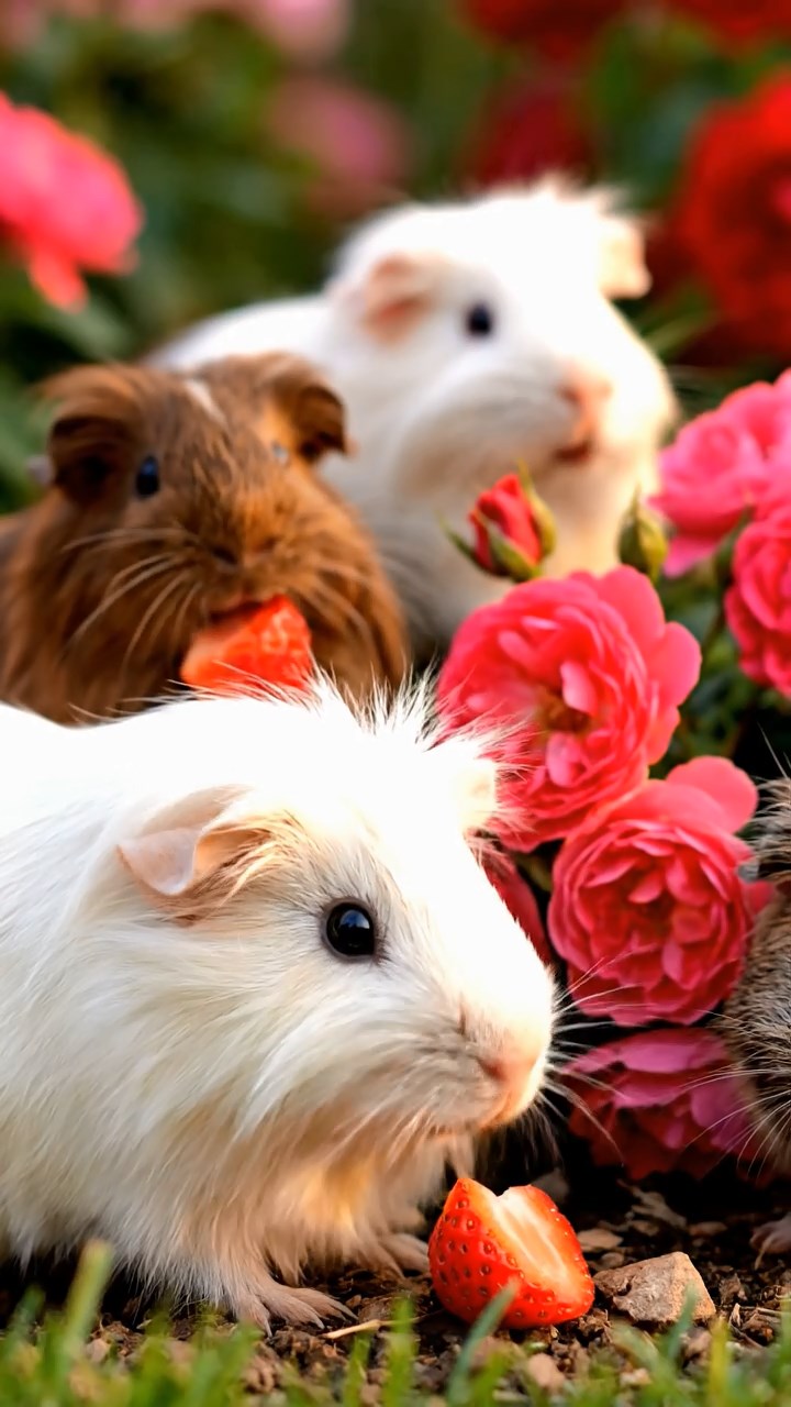 1371. Detailed scene of 4 smooth-haired American guinea pigs featuring cream, fawn, and chocolate coats, chewing on carrot peels, on a Nile cruise deck with temples passing.