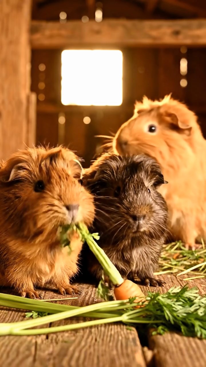 1372. Photorealistic photo of 2 smooth-haired Abyssinian guinea pigs with cinnamon and sable fur, sharing banana slices, in a reflective mirror labyrinth with endless halls.