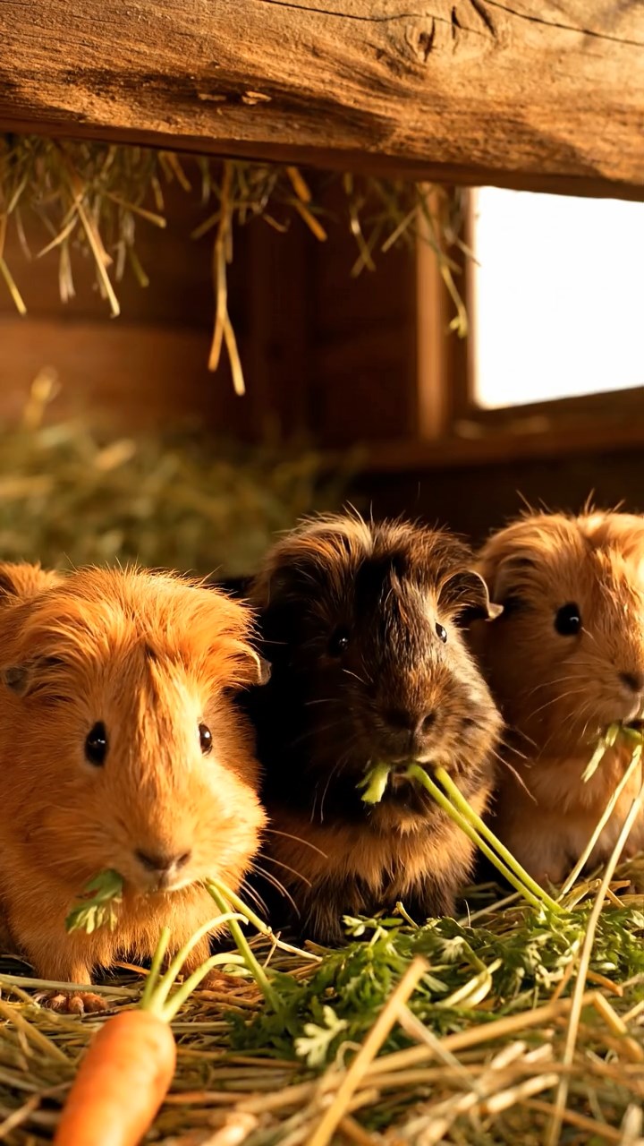 1372. Photorealistic photo of 2 smooth-haired Abyssinian guinea pigs with cinnamon and sable fur, sharing banana slices, in a reflective mirror labyrinth with endless halls.