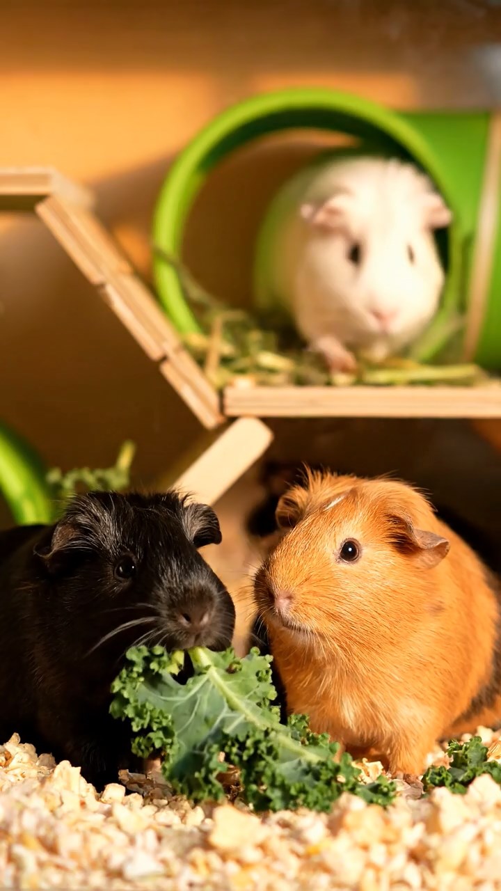 1373. Realistic image of 3 smooth-haired Peruvian guinea pigs with white, orange, and gray fur, munching on spinach leaves, atop a famous Australian landmark roof with bay views.