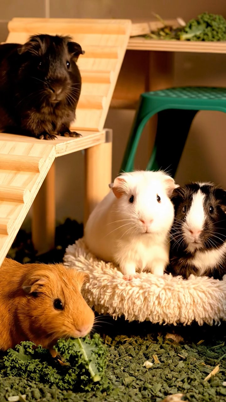 1373. Realistic image of 3 smooth-haired Peruvian guinea pigs with white, orange, and gray fur, munching on spinach leaves, atop a famous Australian landmark roof with bay views.