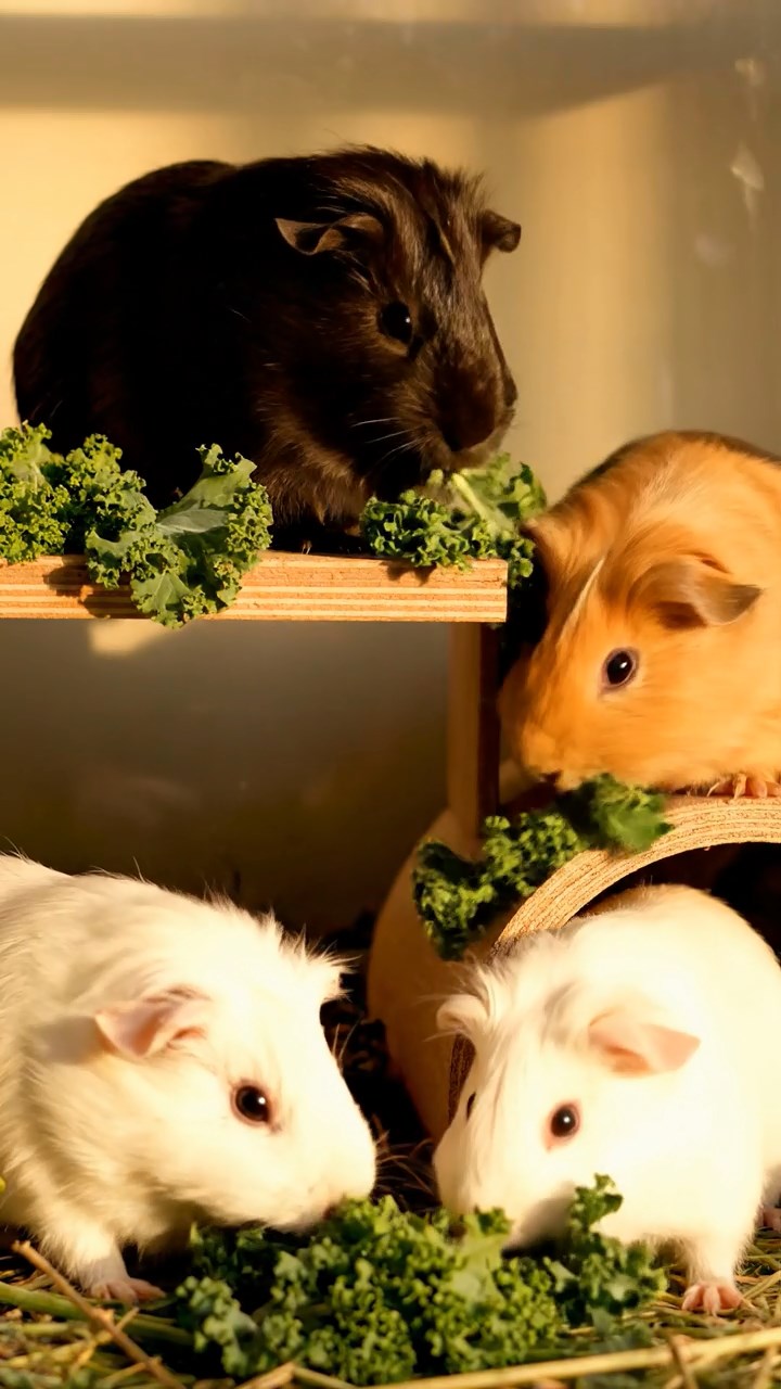 1373. Realistic image of 3 smooth-haired Peruvian guinea pigs with white, orange, and gray fur, munching on spinach leaves, atop a famous Australian landmark roof with bay views.