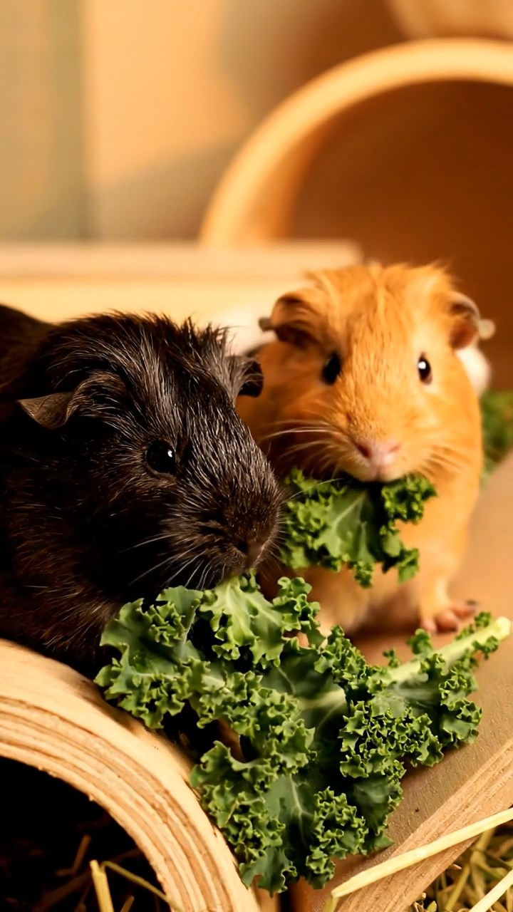 1373. Realistic image of 3 smooth-haired Peruvian guinea pigs with white, orange, and gray fur, munching on spinach leaves, atop a famous Australian landmark roof with bay views.