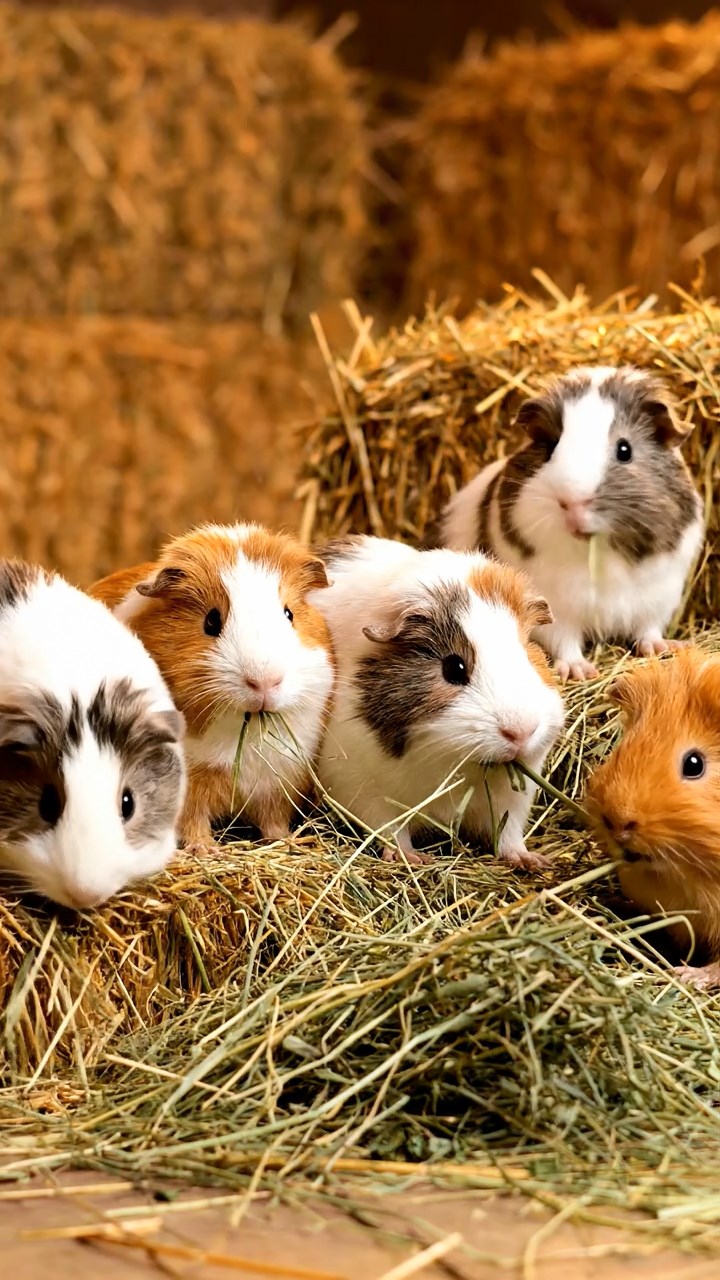 1374. Highly detailed view of 1 smooth-haired Silkie guinea pig with black fur, eating kiwi peels, on a fortified zombie survival wall with spotlights.