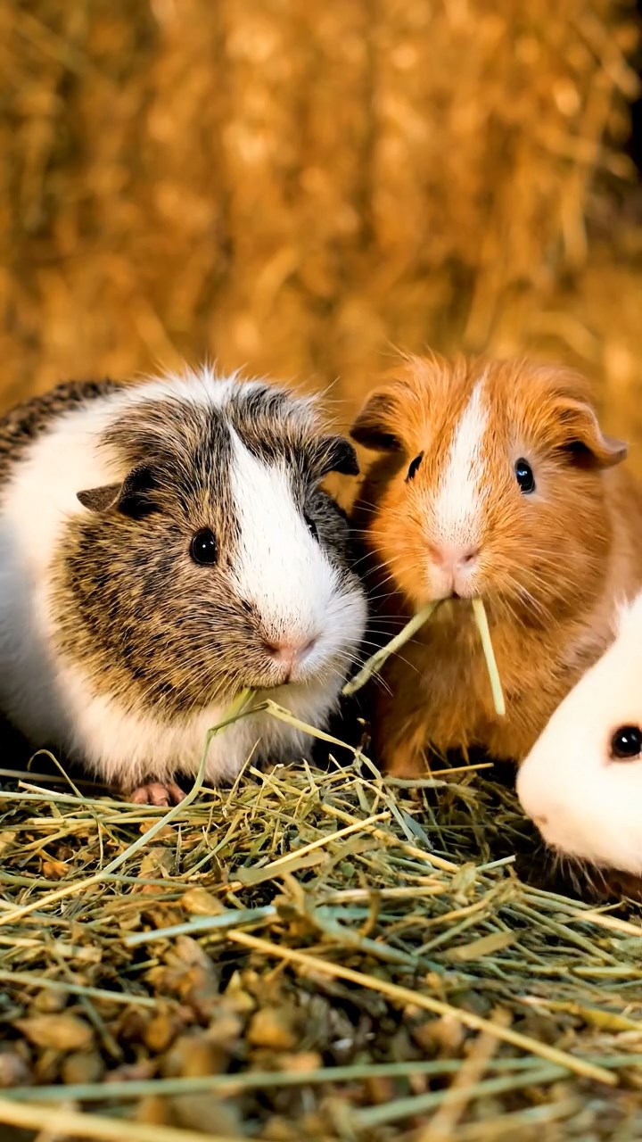 1374. Highly detailed view of 1 smooth-haired Silkie guinea pig with black fur, eating kiwi peels, on a fortified zombie survival wall with spotlights.