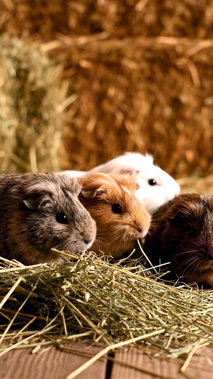 1374. Highly detailed view of 1 smooth-haired Silkie guinea pig with black fur, eating kiwi peels, on a fortified zombie survival wall with spotlights.