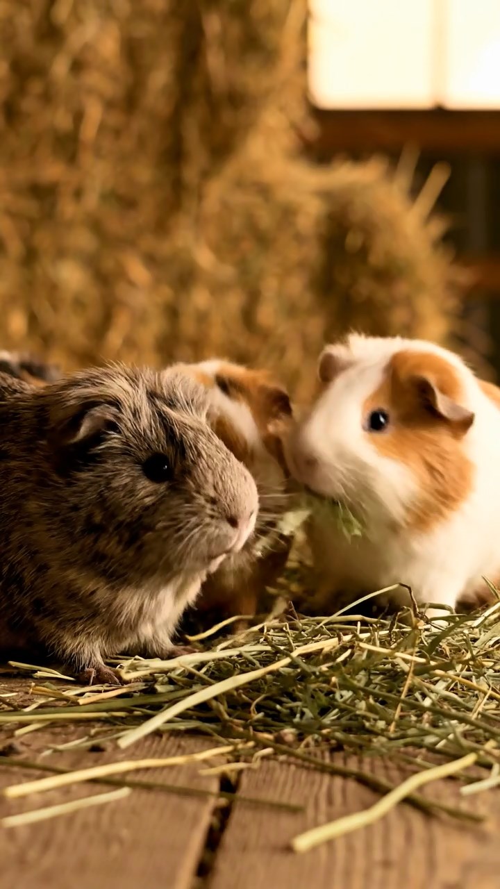 1374. Highly detailed view of 1 smooth-haired Silkie guinea pig with black fur, eating kiwi peels, on a fortified zombie survival wall with spotlights.