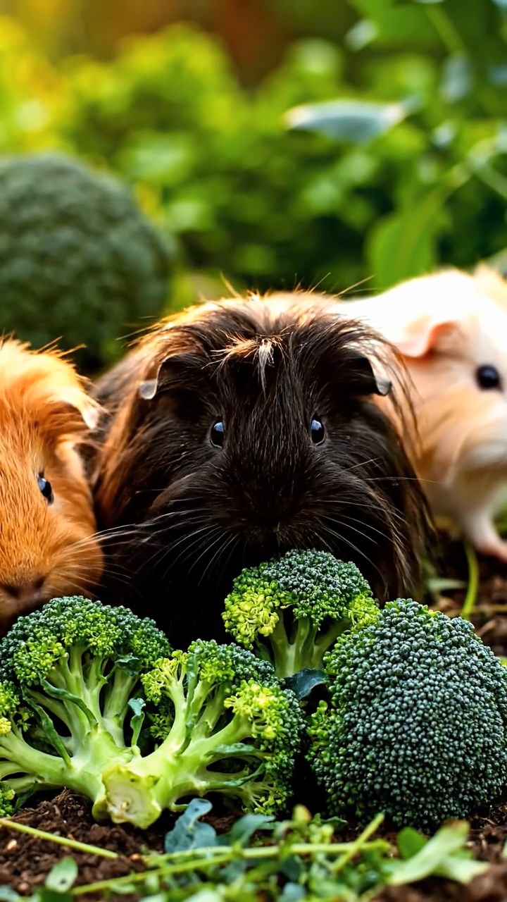 1375. Photorealistic scene of 5 smooth-haired Teddy guinea pigs in brown, cream, and fawn colors, nibbling on pear skins, in a magical snowy woodland with fawns.