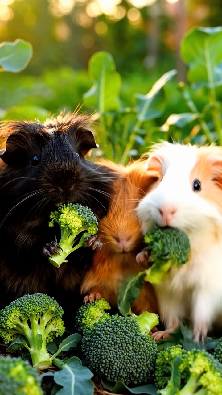 1375. Photorealistic scene of 5 smooth-haired Teddy guinea pigs in brown, cream, and fawn colors, nibbling on pear skins, in a magical snowy woodland with fawns.