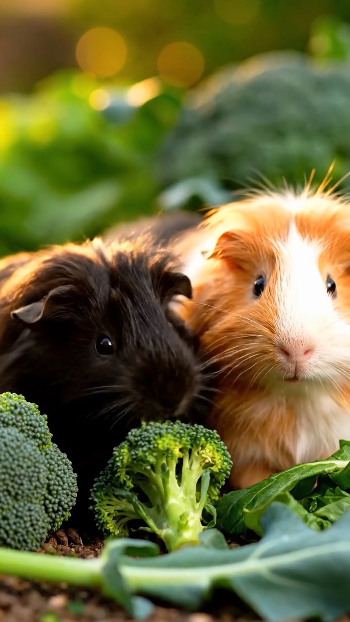 1375. Photorealistic scene of 5 smooth-haired Teddy guinea pigs in brown, cream, and fawn colors, nibbling on pear skins, in a magical snowy woodland with fawns.