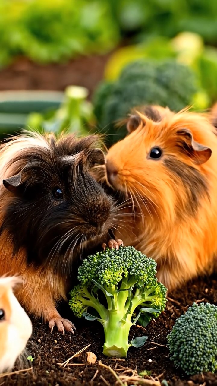 1375. Photorealistic scene of 5 smooth-haired Teddy guinea pigs in brown, cream, and fawn colors, nibbling on pear skins, in a magical snowy woodland with fawns.