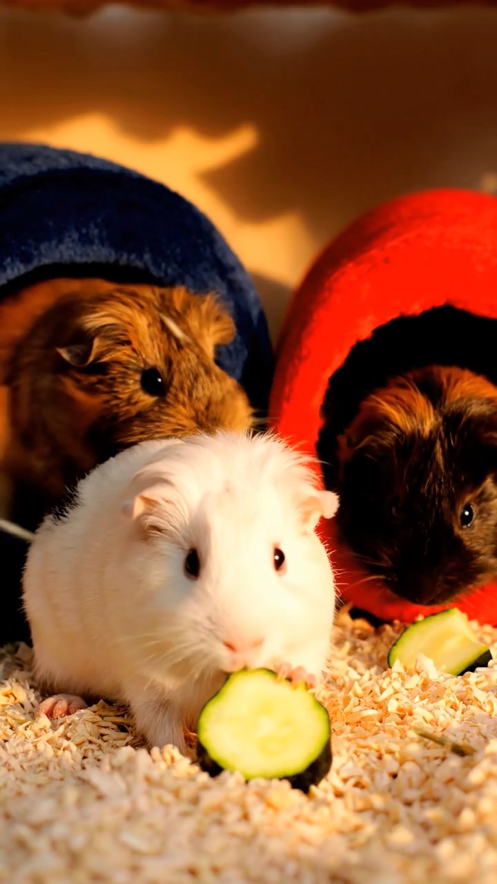 1376. Realistic depiction of 4 smooth-haired Texel guinea pigs with chocolate, cinnamon, and sable fur, chewing on romaine salads, inside a ancient tomb chamber with artifacts.