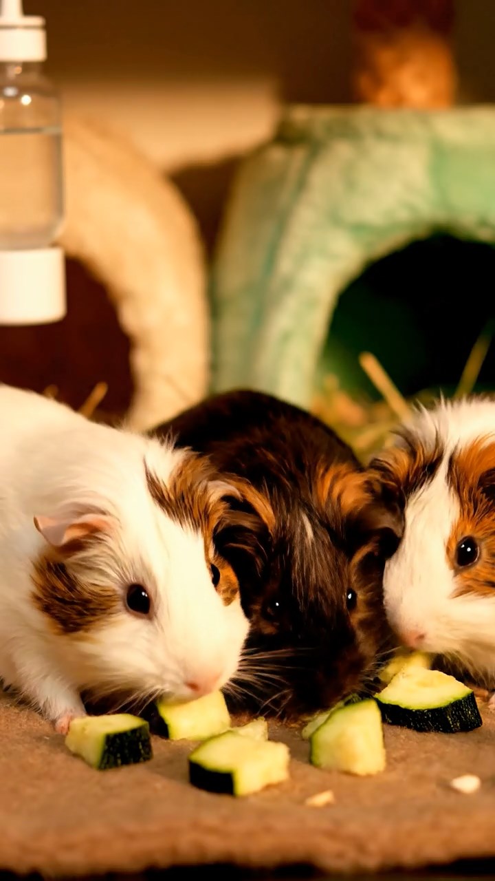 1376. Realistic depiction of 4 smooth-haired Texel guinea pigs with chocolate, cinnamon, and sable fur, chewing on romaine salads, inside a ancient tomb chamber with artifacts.