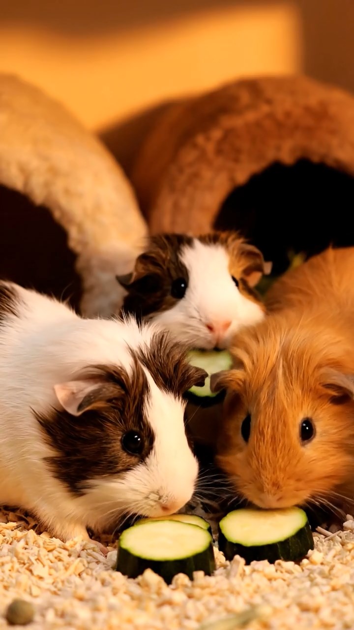 1376. Realistic depiction of 4 smooth-haired Texel guinea pigs with chocolate, cinnamon, and sable fur, chewing on romaine salads, inside a ancient tomb chamber with artifacts.