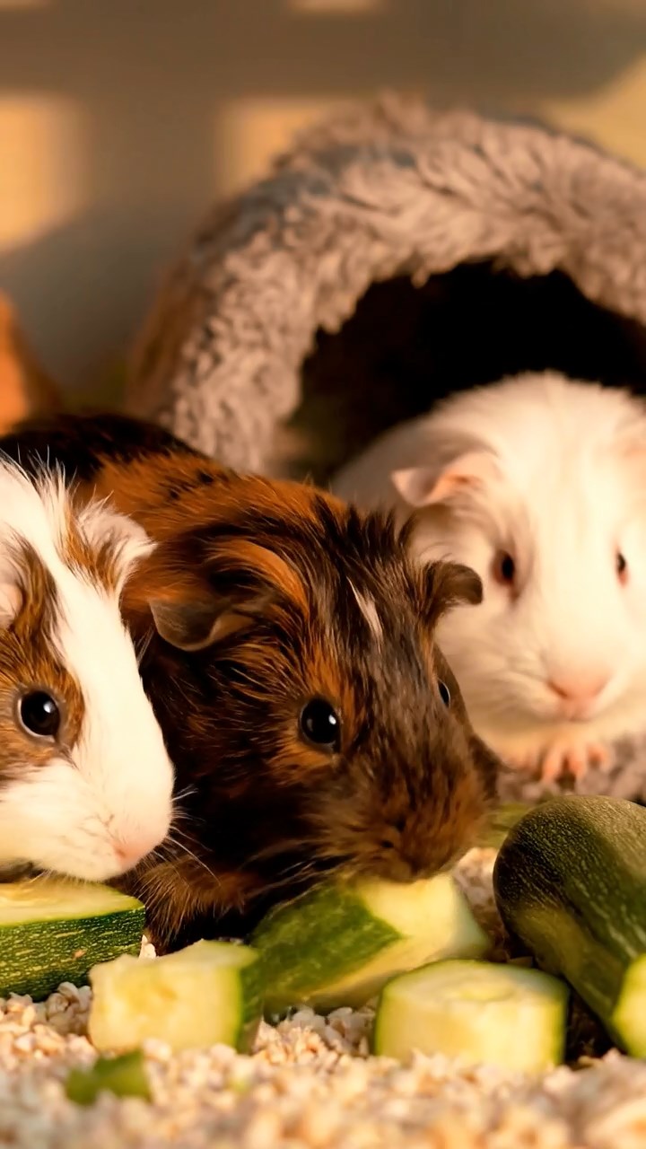 1376. Realistic depiction of 4 smooth-haired Texel guinea pigs with chocolate, cinnamon, and sable fur, chewing on romaine salads, inside a ancient tomb chamber with artifacts.