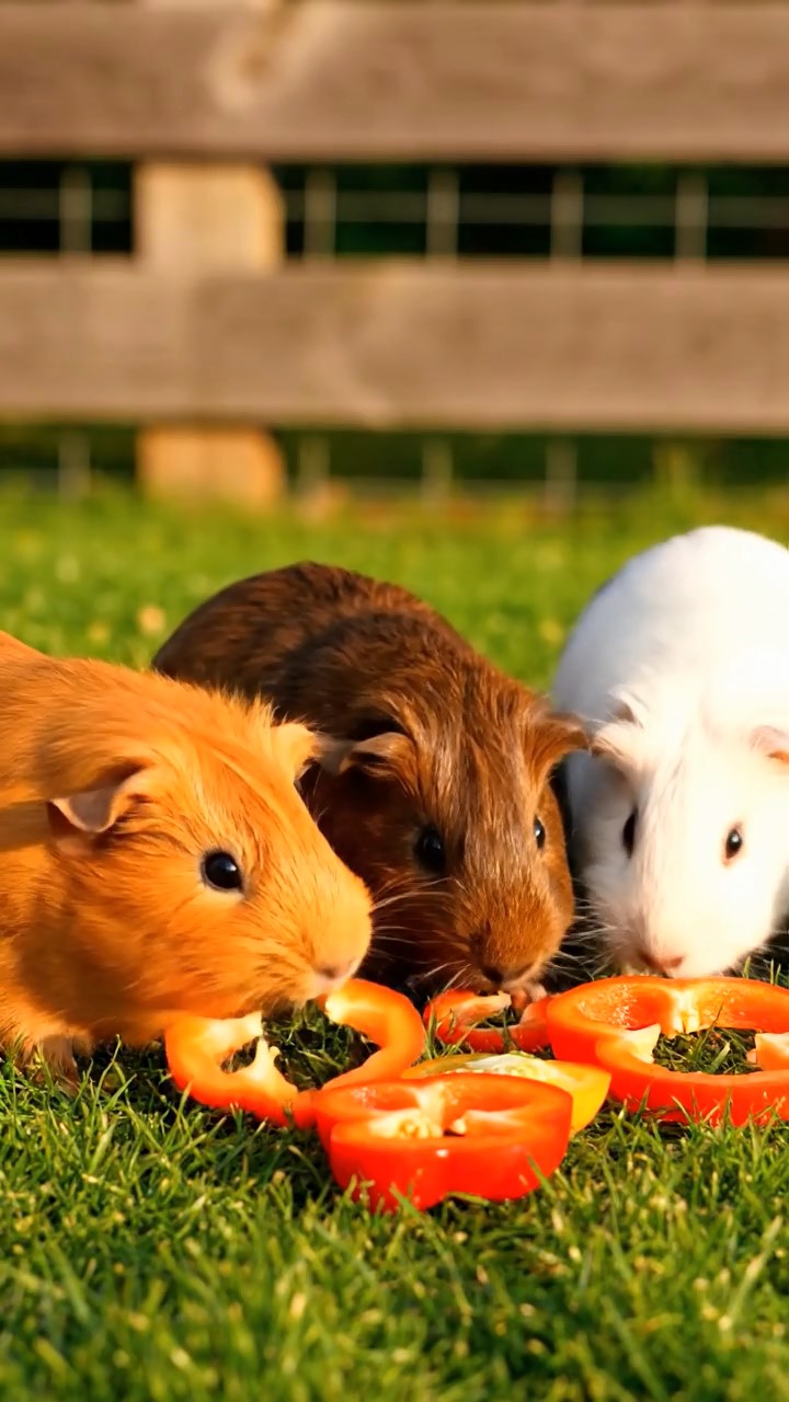 1377. Detailed photo of 2 smooth-haired Rex guinea pigs featuring white and orange coats, sharing orange slices, on a polar vessel bow with icebreaker prow.