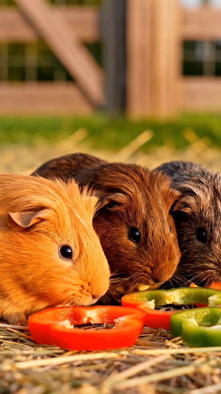 1377. Detailed photo of 2 smooth-haired Rex guinea pigs featuring white and orange coats, sharing orange slices, on a polar vessel bow with icebreaker prow.