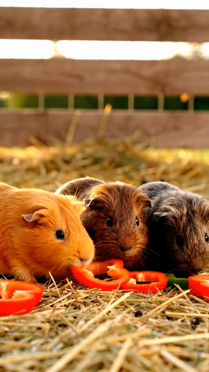 1377. Detailed photo of 2 smooth-haired Rex guinea pigs featuring white and orange coats, sharing orange slices, on a polar vessel bow with icebreaker prow.