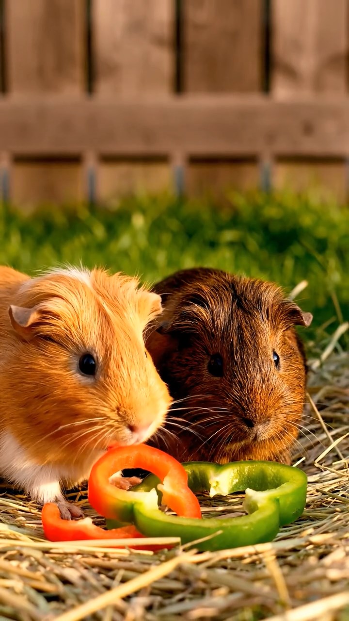 1377. Detailed photo of 2 smooth-haired Rex guinea pigs featuring white and orange coats, sharing orange slices, on a polar vessel bow with icebreaker prow.