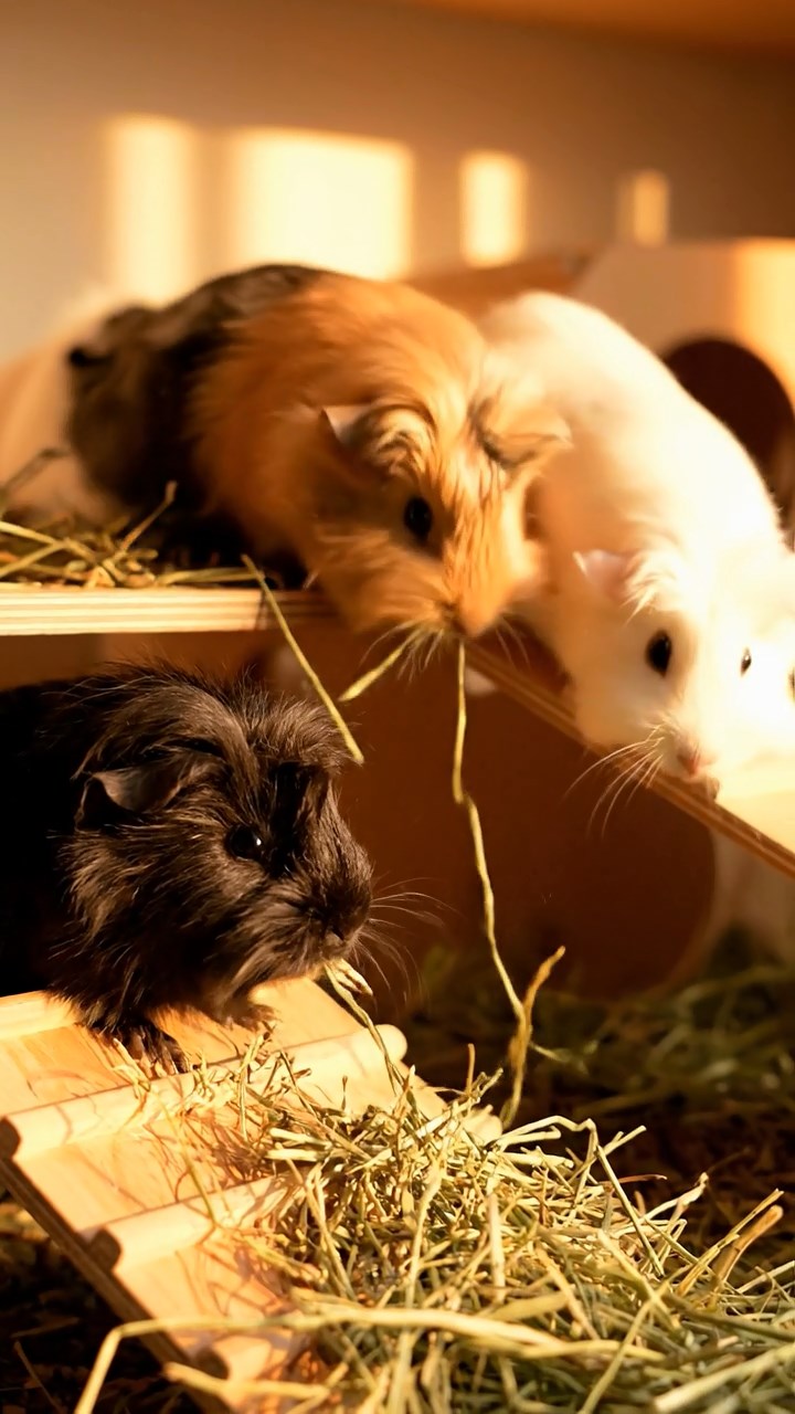 1378. Photorealistic image of 3 smooth-haired Coronet guinea pigs with gray, black, and brown fur, munching on watermelon chunks, in a superhero command center with holograms.