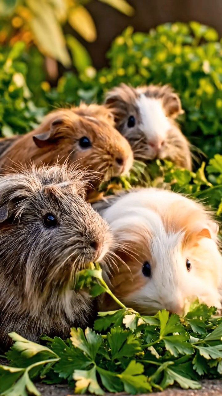 1379. Realistic scene of 1 smooth-haired White Crested guinea pig with cream fur, eating timothy hay, along a historic Chinese wall section with guard towers.