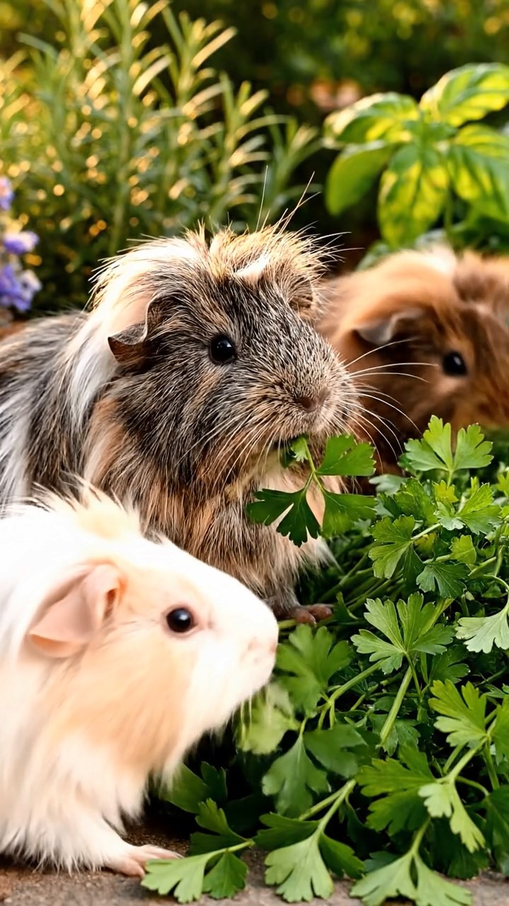 1379. Realistic scene of 1 smooth-haired White Crested guinea pig with cream fur, eating timothy hay, along a historic Chinese wall section with guard towers.