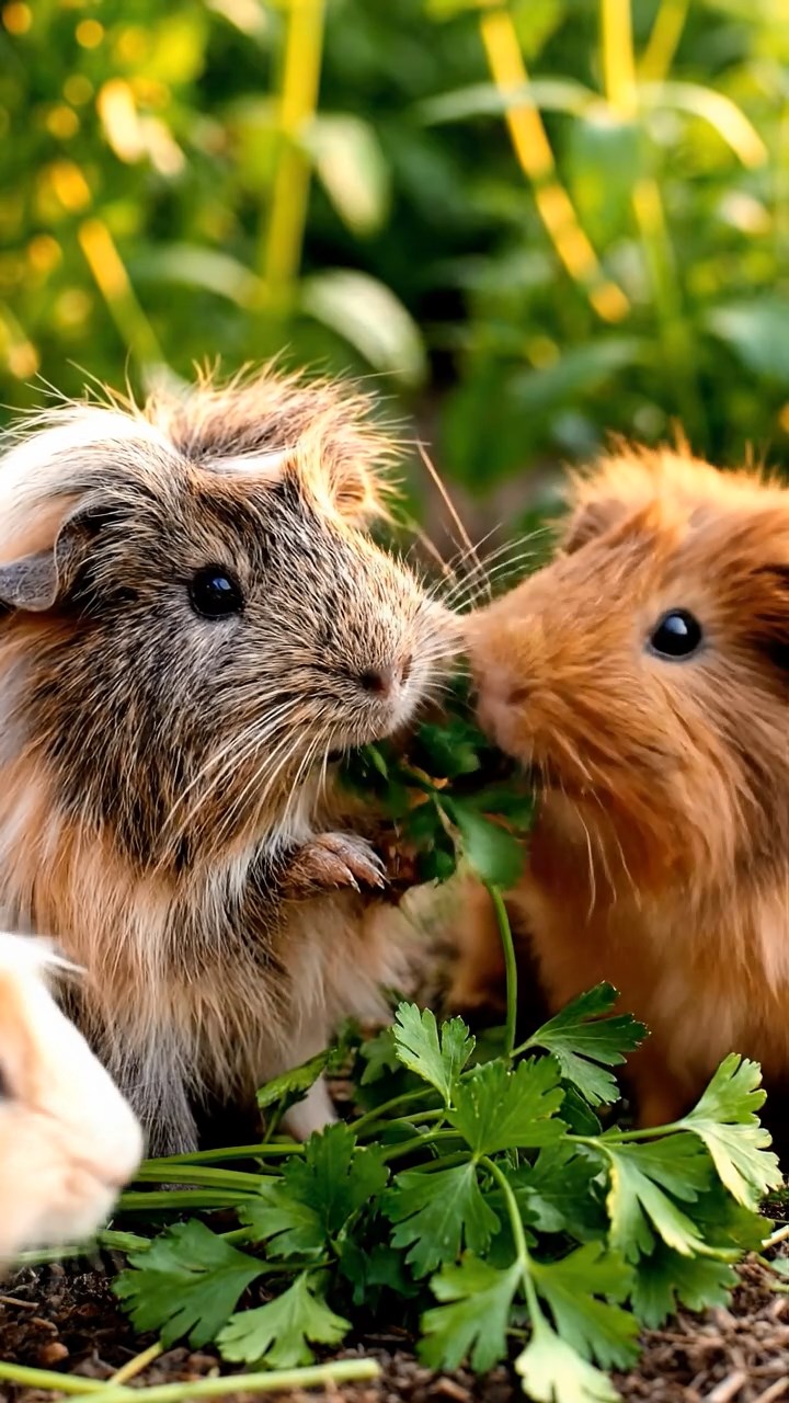 1379. Realistic scene of 1 smooth-haired White Crested guinea pig with cream fur, eating timothy hay, along a historic Chinese wall section with guard towers.