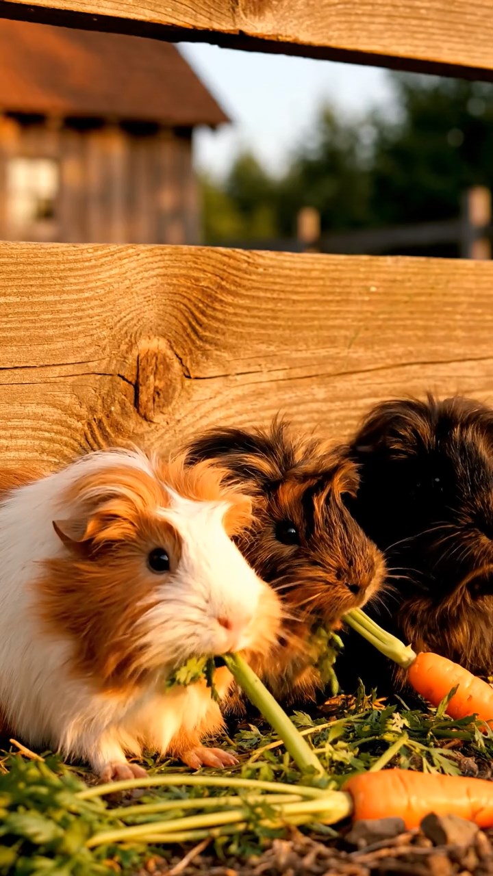 1380. Highly detailed view of 4 smooth-haired Skinny guinea pigs in fawn, chocolate, and cinnamon colors, nibbling on pineapple leaves, inside a naval sub crew quarters with bunks.