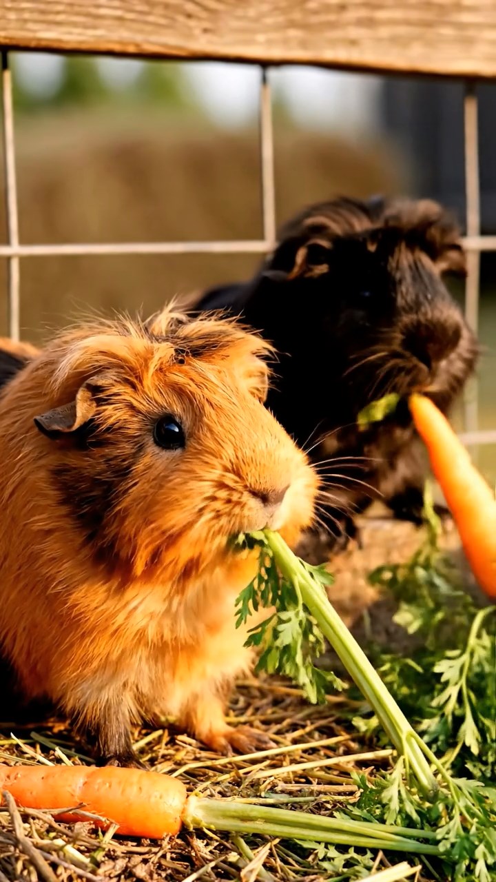 1380. Highly detailed view of 4 smooth-haired Skinny guinea pigs in fawn, chocolate, and cinnamon colors, nibbling on pineapple leaves, inside a naval sub crew quarters with bunks.