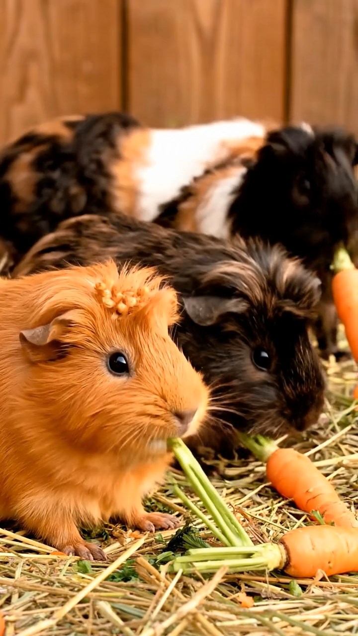 1380. Highly detailed view of 4 smooth-haired Skinny guinea pigs in fawn, chocolate, and cinnamon colors, nibbling on pineapple leaves, inside a naval sub crew quarters with bunks.