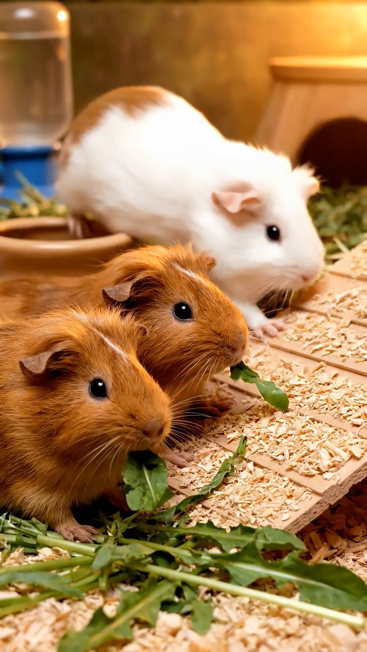 1381. Photorealistic photo of 2 smooth-haired American guinea pigs with sable and white fur, chewing on kale bunches, on a futuristic race vehicle chassis.