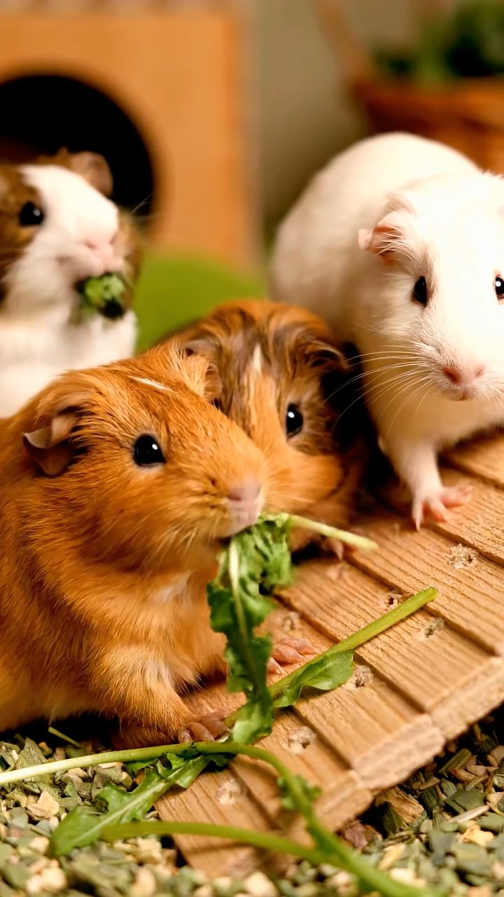 1381. Photorealistic photo of 2 smooth-haired American guinea pigs with sable and white fur, chewing on kale bunches, on a futuristic race vehicle chassis.