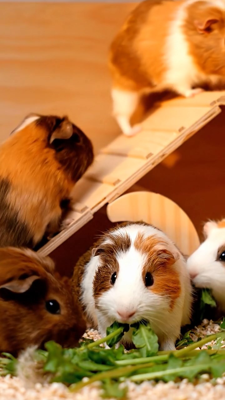 1381. Photorealistic photo of 2 smooth-haired American guinea pigs with sable and white fur, chewing on kale bunches, on a futuristic race vehicle chassis.