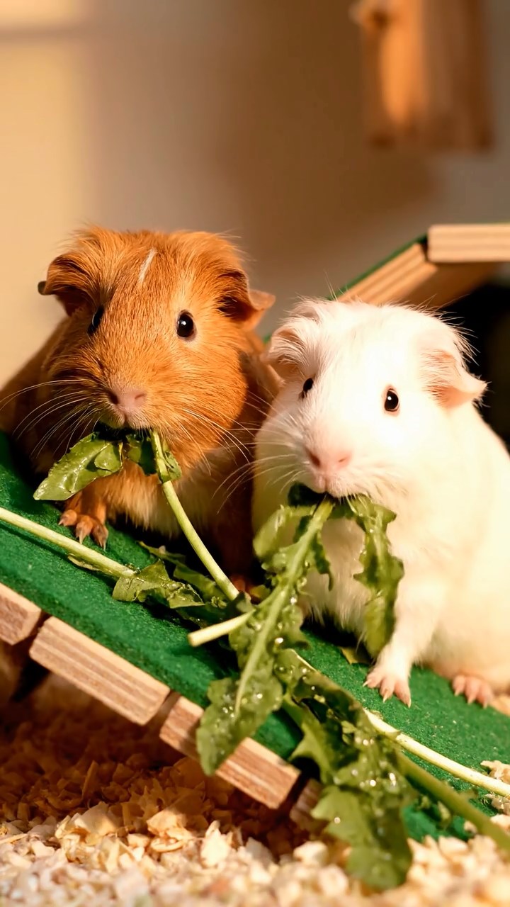 1381. Photorealistic photo of 2 smooth-haired American guinea pigs with sable and white fur, chewing on kale bunches, on a futuristic race vehicle chassis.